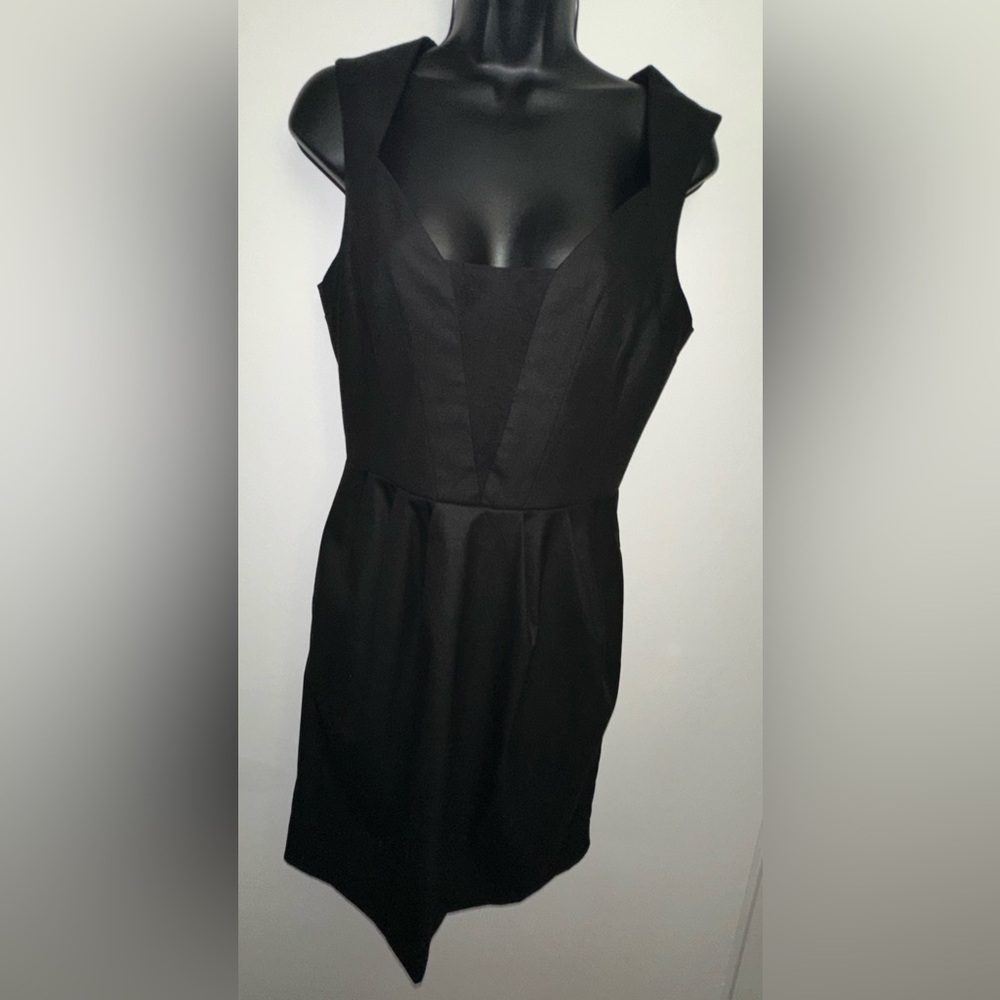 Bebe | Black Sleeveless Cocktail Dress with Sheer Deep V-Neck with SIDE POCKETS!